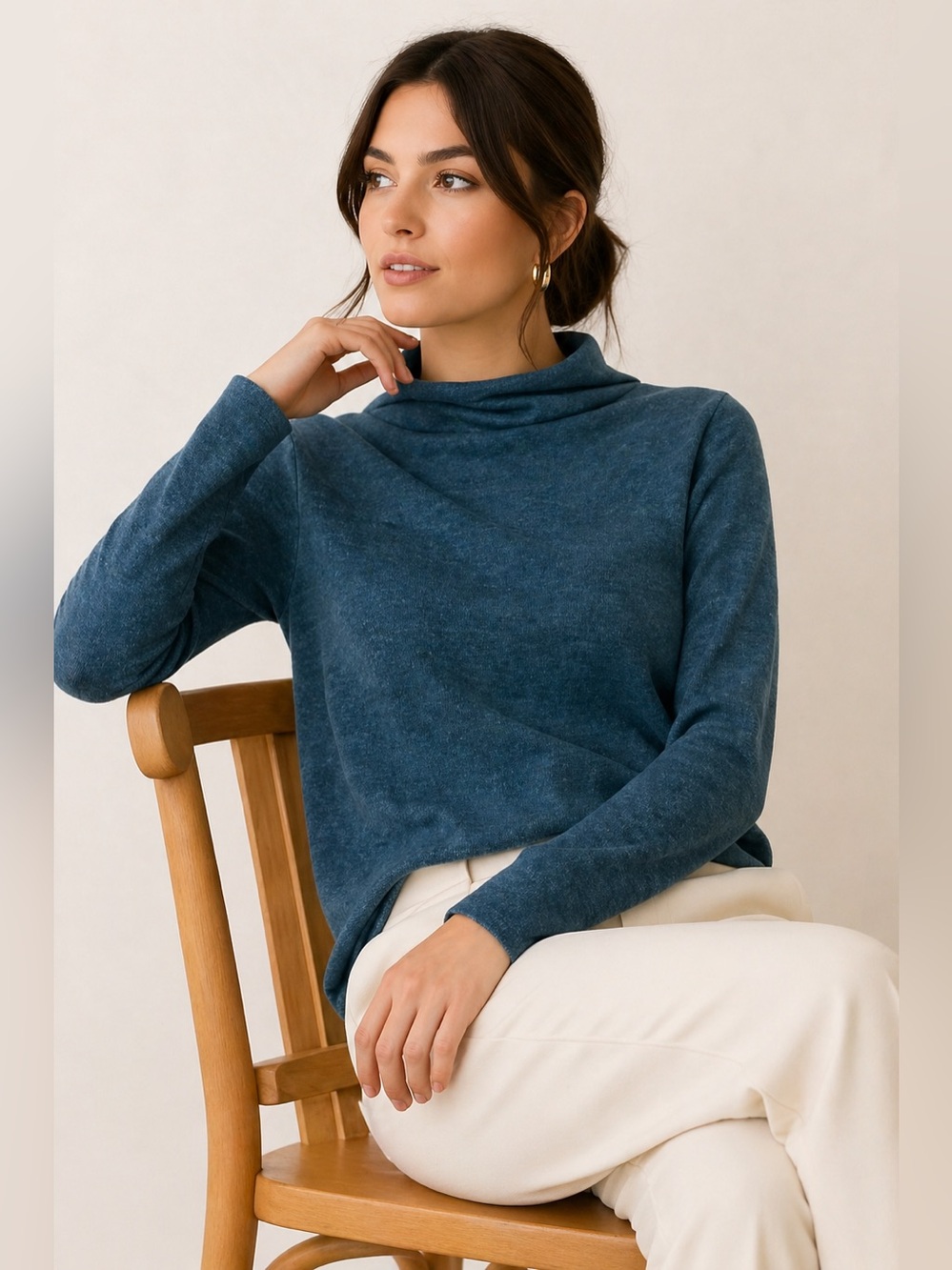 Merino Wool Cowl Neck Knit Top Teal Quiet Luxury